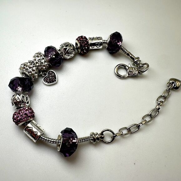 Pandora-style, silver tone purple glass, pink/white rhinestone beaded bracelet! - Picture 3 of 13